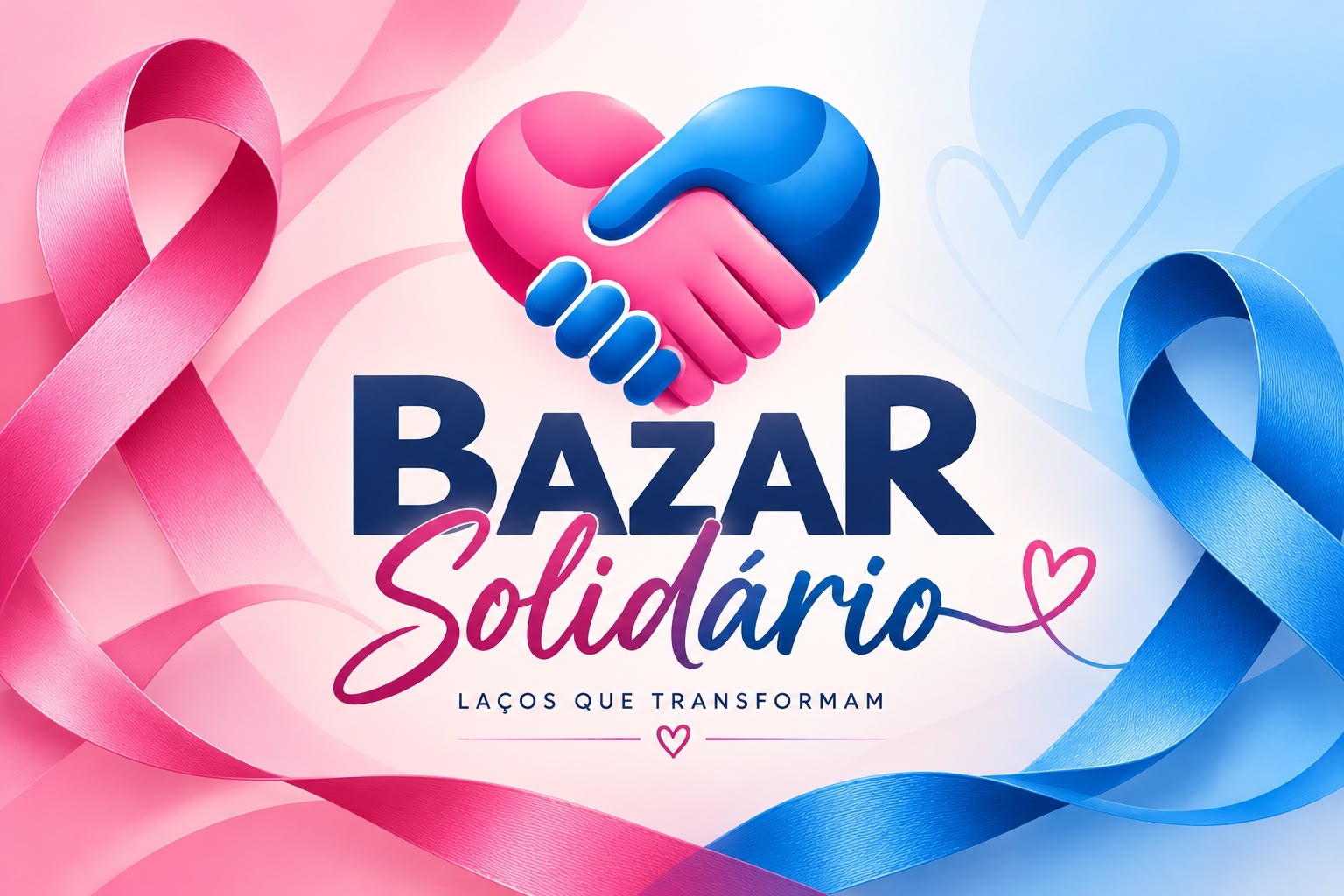 Bazar Solidário com mãos rosa e azul formando um coração e laços das duas campanhas